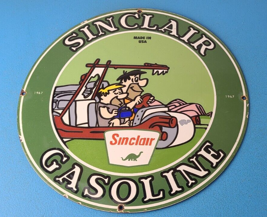 Vintage Sinclair Gas Porcelain Sign Flintstones Cave Man Gasoline Pump Sign 305889889198