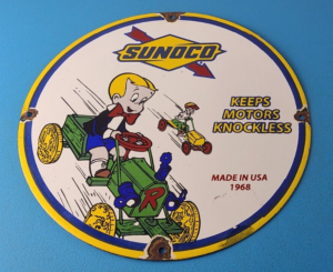 Vintage Sunoco Gasoline Porcelain Sign Knockless Old Car Cartoon Gas Pump Sign 305867585938