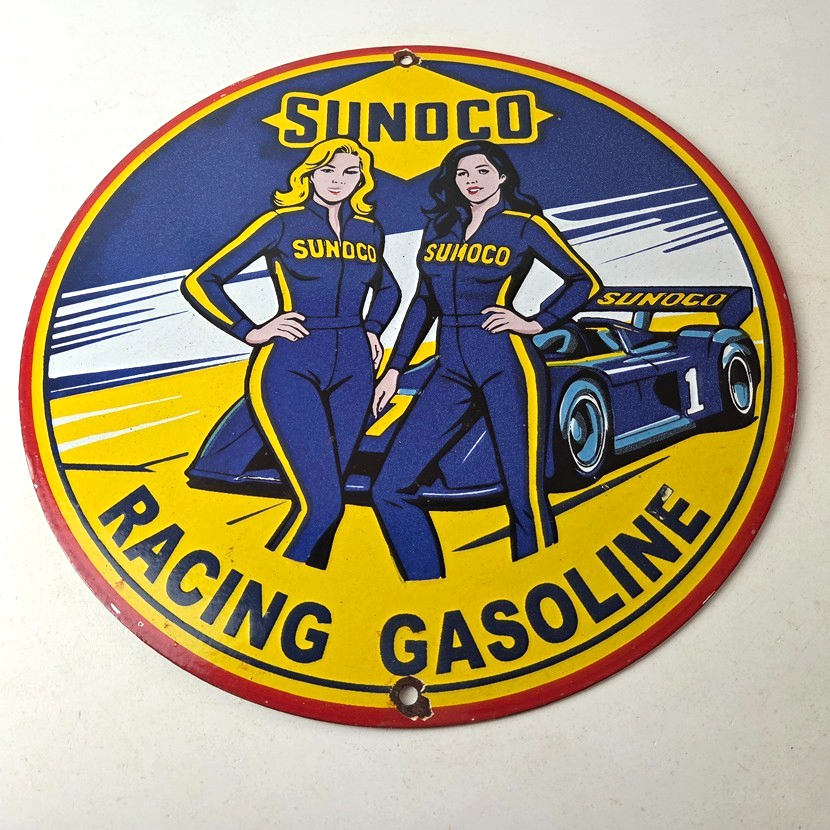 Vintage Sunoco Racing Sign - Gas Service Station Porcelain Pump Sign - Image 15