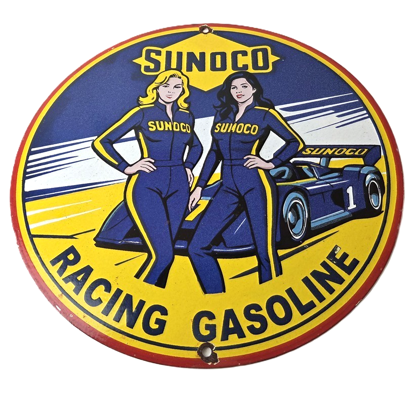 Vintage Sunoco Racing Sign - Gas Service Station Porcelain Pump Sign