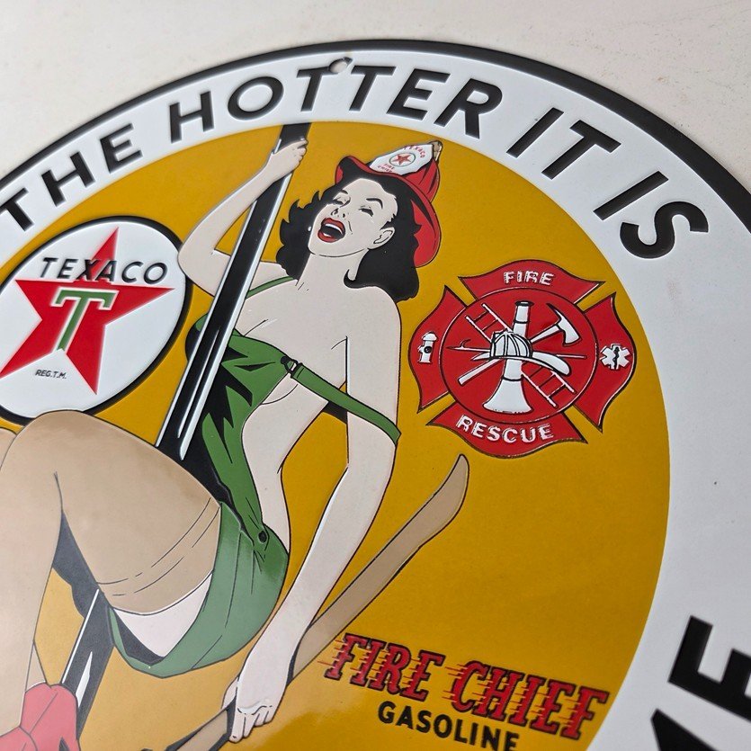 Vintage Texaco Gasoline Sign - Fire Pole Fire Chief Gas Pump Ad Porcelain Sign - Image 12