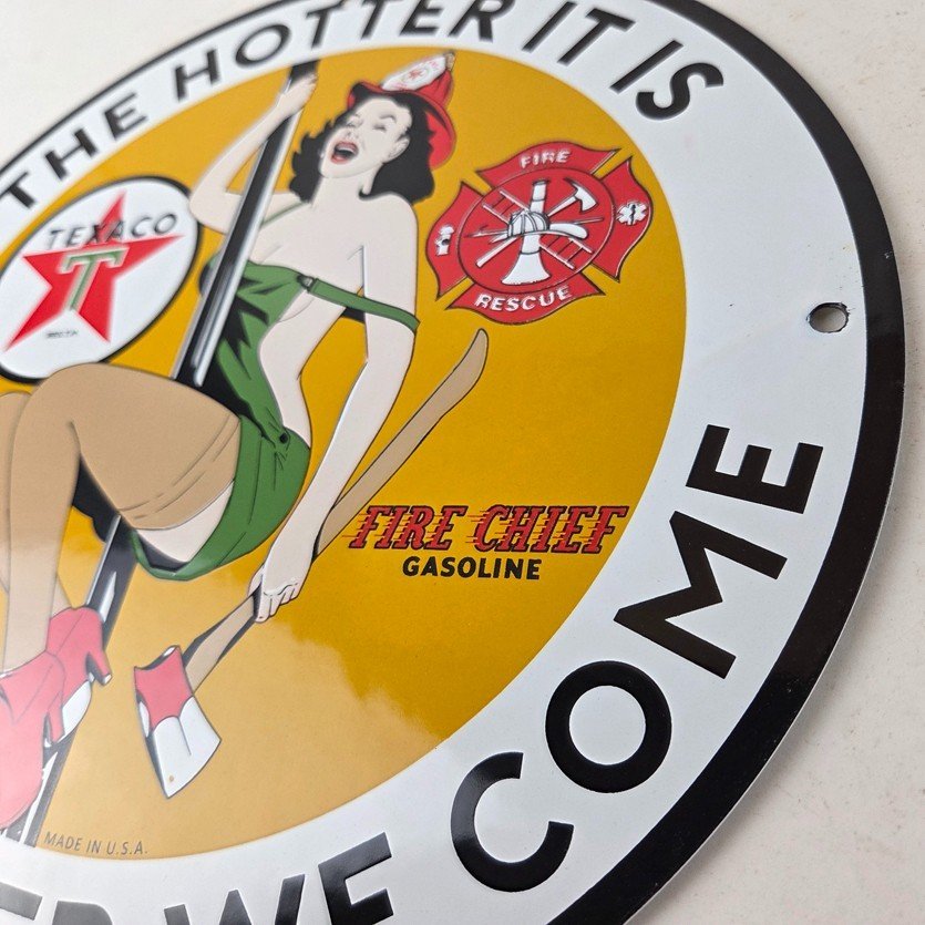 Vintage Texaco Gasoline Sign - Fire Pole Fire Chief Gas Pump Ad Porcelain Sign - Image 13