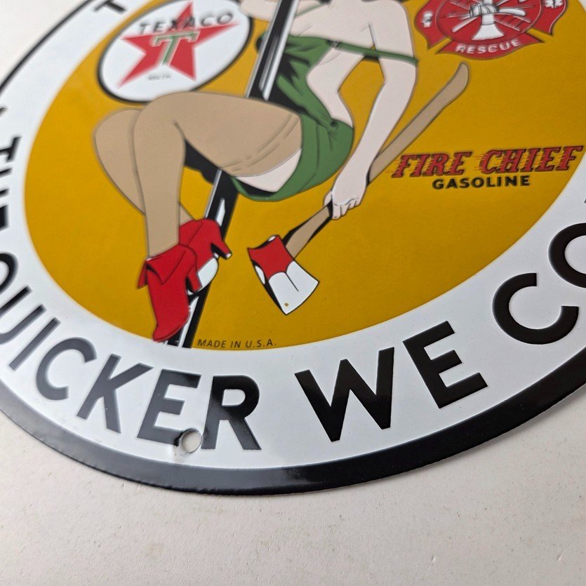 Vintage Texaco Gasoline Sign - Fire Pole Fire Chief Gas Pump Ad Porcelain Sign - Image 14