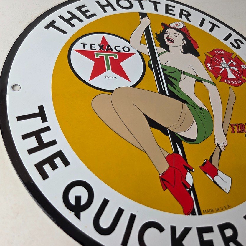 Vintage Texaco Gasoline Sign - Fire Pole Fire Chief Gas Pump Ad Porcelain Sign - Image 6