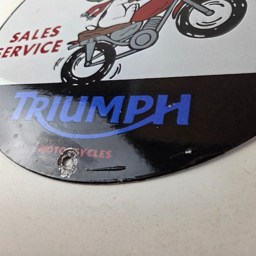 Vintage Triumph Sign - Porcelain Automobiles Snoopy Mechanic Gas Oil Pump Sign - Image 14