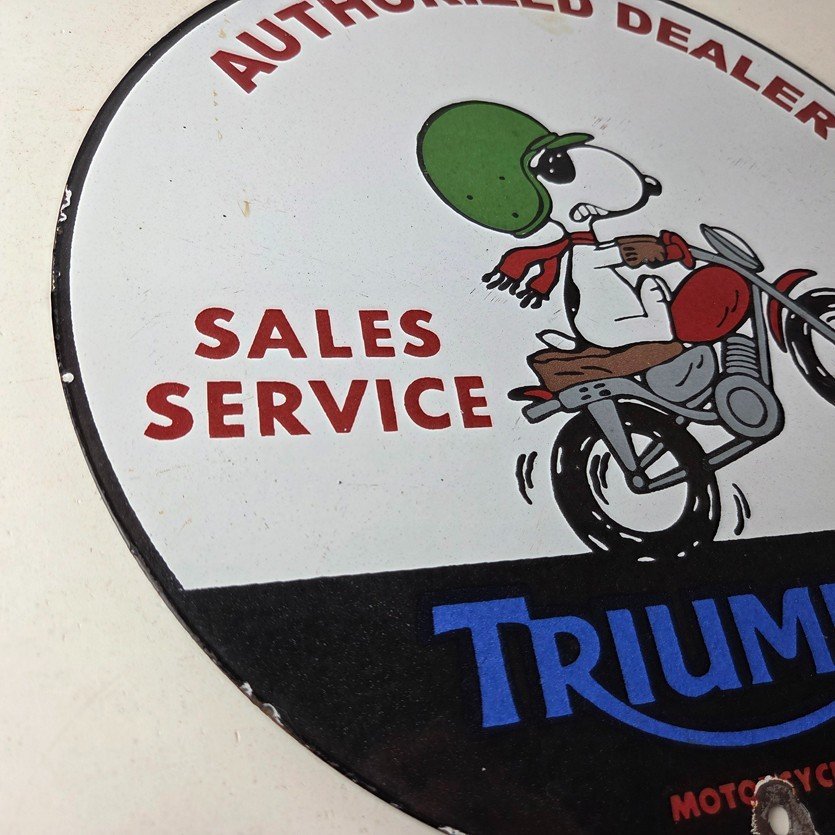 Vintage Triumph Sign - Porcelain Automobiles Snoopy Mechanic Gas Oil Pump Sign - Image 6