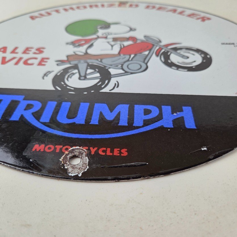 Vintage Triumph Sign - Porcelain Automobiles Snoopy Mechanic Gas Oil Pump Sign - Image 10