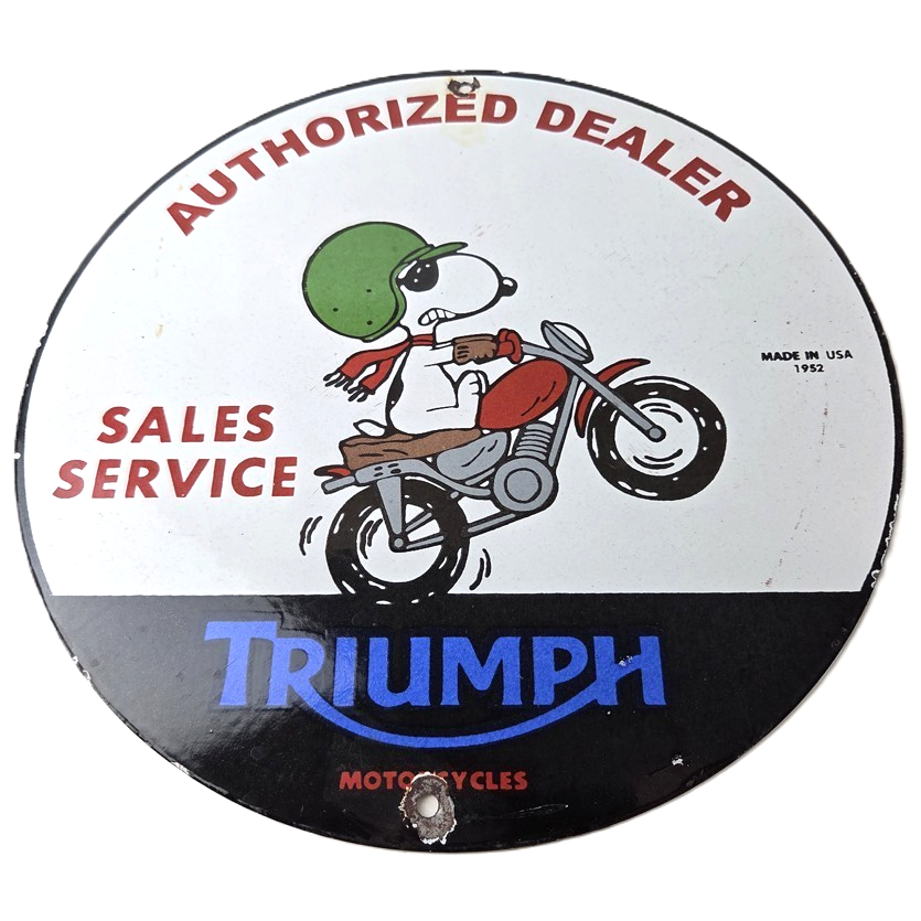 Vintage Triumph Sign - Porcelain Automobiles Snoopy Mechanic Gas Oil Pump Sign