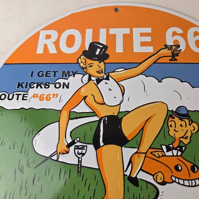 Vintage US Route 66 Sign - Porcelain Las Vegas Show Girl Gas Pump Sign - Image 3