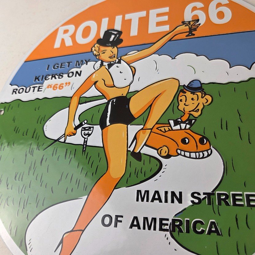 Vintage US Route 66 Sign - Porcelain Las Vegas Show Girl Gas Pump Sign - Image 4