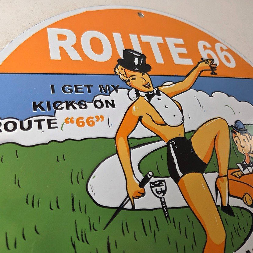 Vintage US Route 66 Sign - Porcelain Las Vegas Show Girl Gas Pump Sign - Image 5