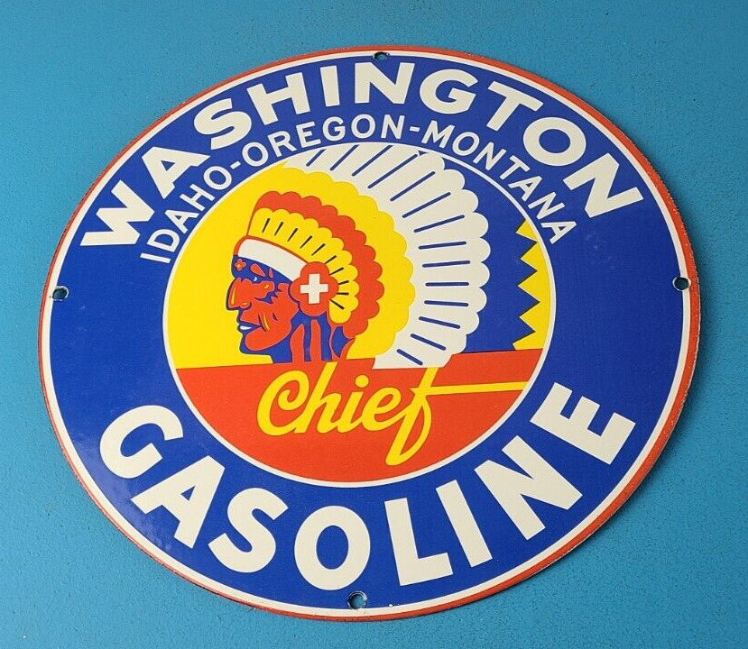 Vintage Washington Gasoline Sign Indian Chief Gas Pump Porcelain Service Sign 305895409218