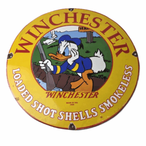 Vintage Winchester Porcelain Sign - Disney Duck Shot Gun Firearms Gas Pump Sign