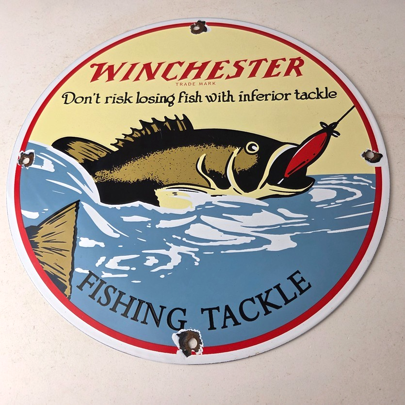 Vintage Winchester Sign - Porcelain Fishing Takle Lures Gas Pump Sign - Image 15
