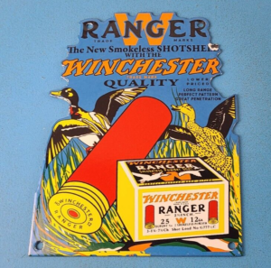 Vintage Winchester Sign Ranger Shot Gun Shells Gas Pump Porcelain Sign 306068717718