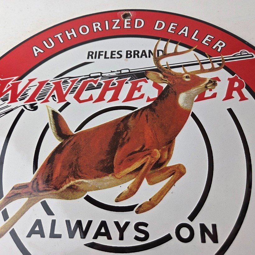Vintage Winchester Sign - Rifles & Shotguns Firearms Gas Pump Porcelain Sign - Image 3