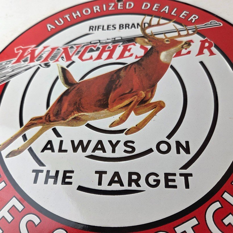Vintage Winchester Sign - Rifles & Shotguns Firearms Gas Pump Porcelain Sign - Image 4
