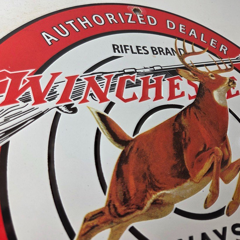 Vintage Winchester Sign - Rifles & Shotguns Firearms Gas Pump Porcelain Sign - Image 5