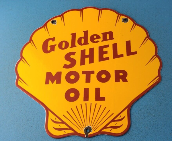 VINTAGE GOLDEN SHELL GASOLINE PORCELAIN GAS OIL SERVICE STATION PUMP PLATE SIGN 305234202749