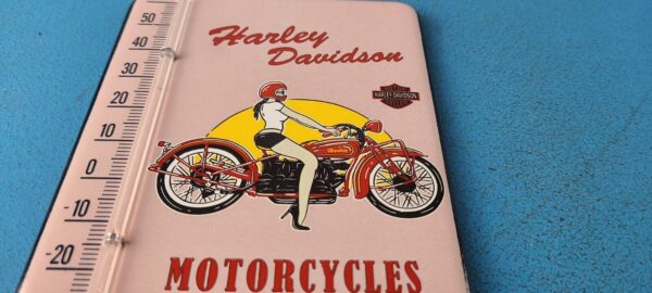 VINTAGE HARLEY DAVIDSON MOTORCYCLES PORCELAIN SERVICE GAS AD SIGN ON THERMOMETER 305279680449 11