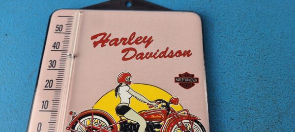 VINTAGE HARLEY DAVIDSON MOTORCYCLES PORCELAIN SERVICE GAS AD SIGN ON THERMOMETER 305279680449 2