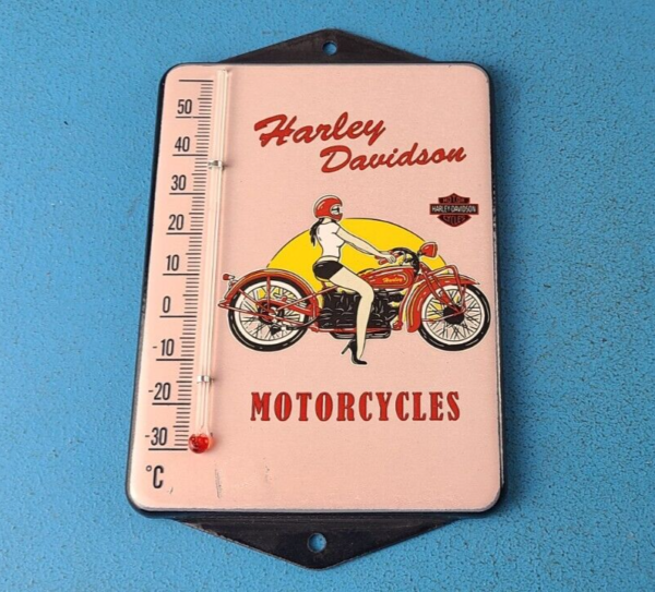 VINTAGE HARLEY DAVIDSON MOTORCYCLES PORCELAIN SERVICE GAS AD SIGN ON THERMOMETER 305279680449
