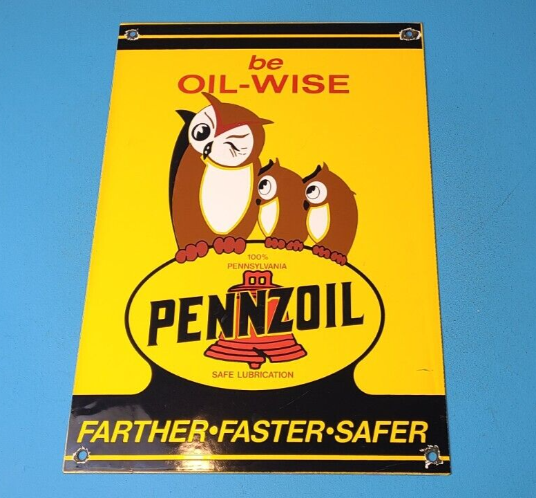 VINTAGE PENNZOIL GASOLINE PORCELAIN OWL OIL WISE SERVICE STATION PUMP PLATE SIGN 305905408849