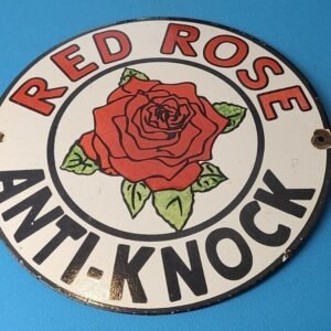 VINTAGE RED ROSE GASOLINE PORCELAIN ANTI-KNOCK GAS OIL SERVICE STATION PUMP SIGN