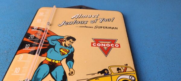 VINTAGE SUPERMAN PORCELAIN CONOCO GAS PUMP AD SALES SIGN ON SERVICE THERMOMETER 305237947759 11