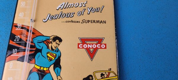 VINTAGE SUPERMAN PORCELAIN CONOCO GAS PUMP AD SALES SIGN ON SERVICE THERMOMETER 305237947759 2