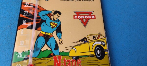 VINTAGE SUPERMAN PORCELAIN CONOCO GAS PUMP AD SALES SIGN ON SERVICE THERMOMETER 305237947759 3