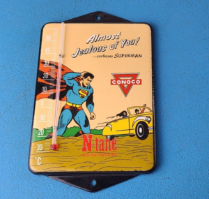 VINTAGE SUPERMAN PORCELAIN CONOCO GAS PUMP AD SALES SIGN ON SERVICE THERMOMETER 305237947759