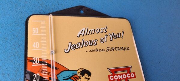VINTAGE SUPERMAN PORCELAIN CONOCO GAS PUMP AD SALES SIGN ON SERVICE THERMOMETER 305237947759 4