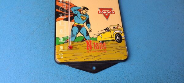 VINTAGE SUPERMAN PORCELAIN CONOCO GAS PUMP AD SALES SIGN ON SERVICE THERMOMETER 305237947759 6