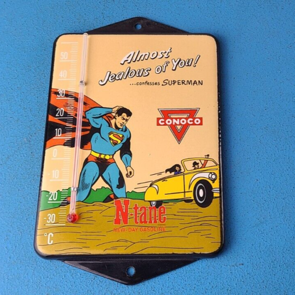 VINTAGE SUPERMAN PORCELAIN CONOCO GAS PUMP AD SALES SIGN ON SERVICE THERMOMETER 305237947759