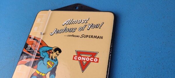 VINTAGE SUPERMAN PORCELAIN CONOCO GAS PUMP AD SALES SIGN ON SERVICE THERMOMETER 305237947759 7