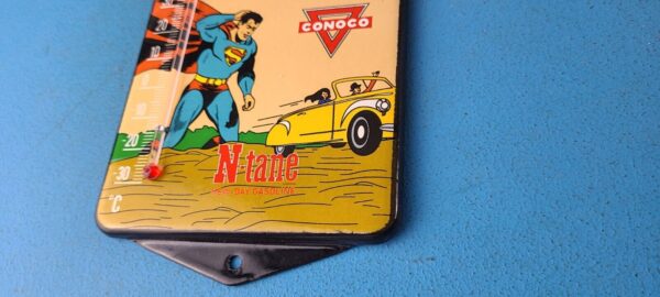 VINTAGE SUPERMAN PORCELAIN CONOCO GAS PUMP AD SALES SIGN ON SERVICE THERMOMETER 305237947759 9