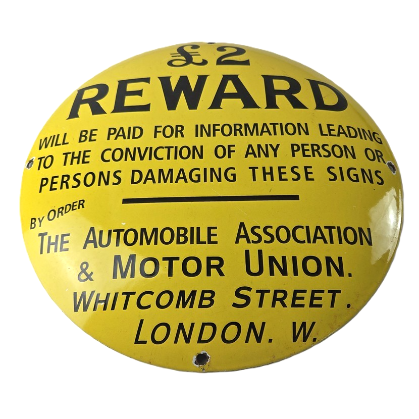 Vintage Automobile Association £2 Reward Porcelain Sign - AA Motor Union Sign