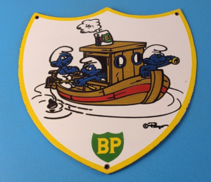 Vintage BP Gasoline Sign Shell Smurfs Fishing Gas Oil Pump Porcelain Sign 305868239509