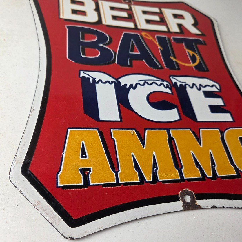 Vintage Beer Bait ICE Ammo Porcelain Sign - Bait Shop Gas Station Sign - Image 11