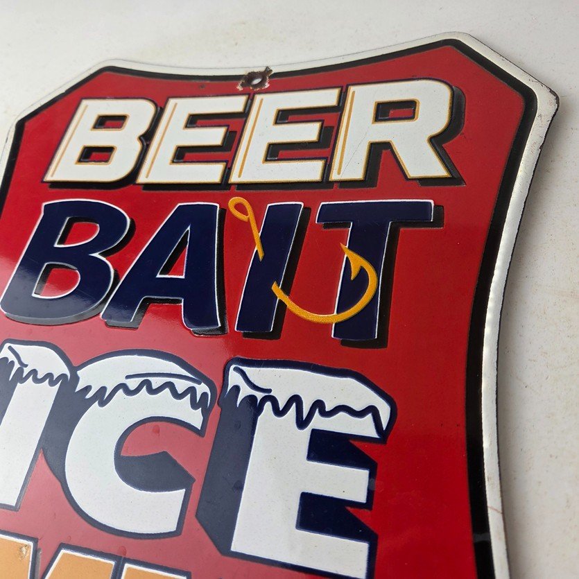 Vintage Beer Bait ICE Ammo Porcelain Sign - Bait Shop Gas Station Sign - Image 12