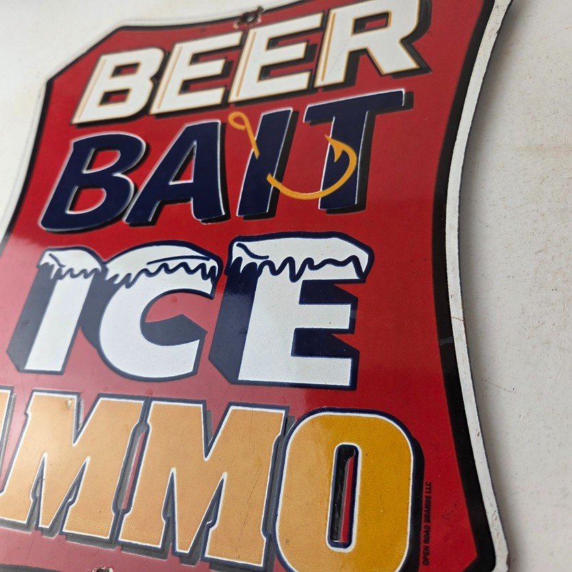 Vintage Beer Bait ICE Ammo Porcelain Sign - Bait Shop Gas Station Sign - Image 13