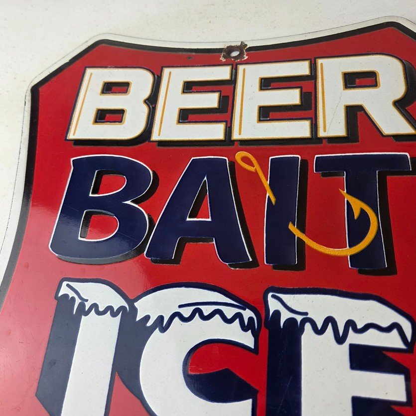 Vintage Beer Bait ICE Ammo Porcelain Sign - Bait Shop Gas Station Sign - Image 3