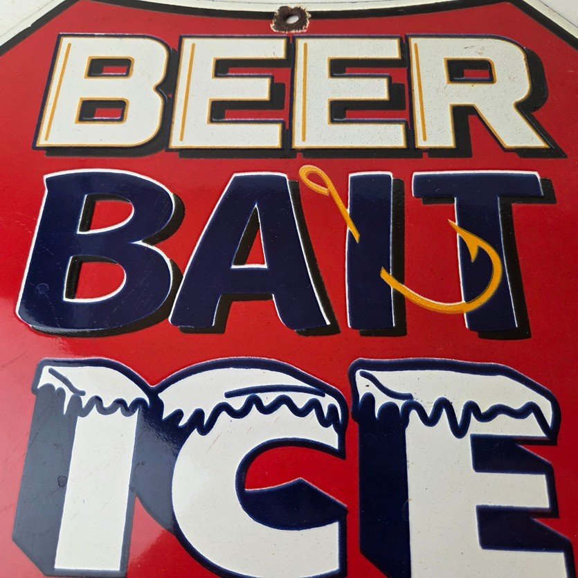 Vintage Beer Bait ICE Ammo Porcelain Sign - Bait Shop Gas Station Sign - Image 3