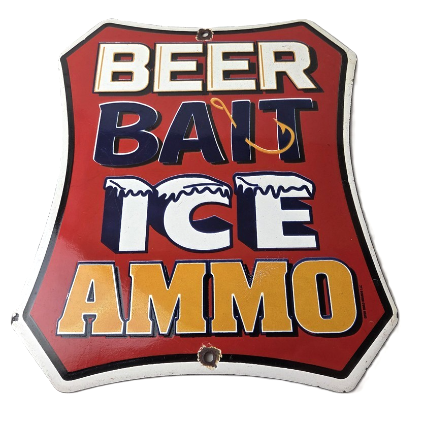 Vintage Beer Bait ICE Ammo Porcelain Sign - Bait Shop Gas Station Sign