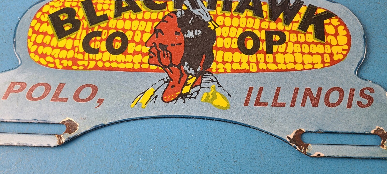 Vintage Blackhawk Sign Topper - Co Op IL Indian Porcelain License Plate Topper - Image 12
