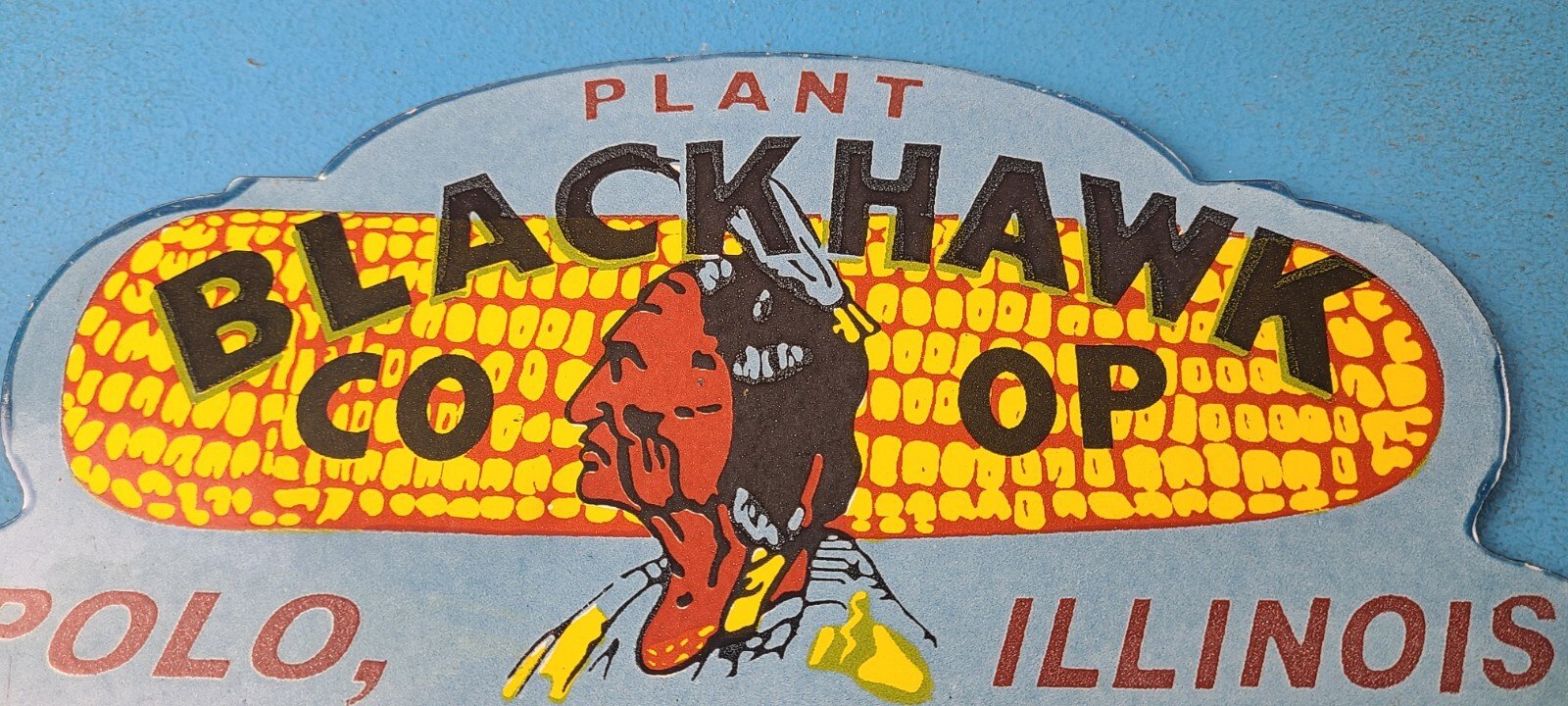 Vintage Blackhawk Sign Topper - Co Op IL Indian Porcelain License Plate Topper - Image 13