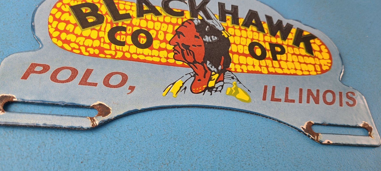 Vintage Blackhawk Sign Topper - Co Op IL Indian Porcelain License Plate Topper - Image 7