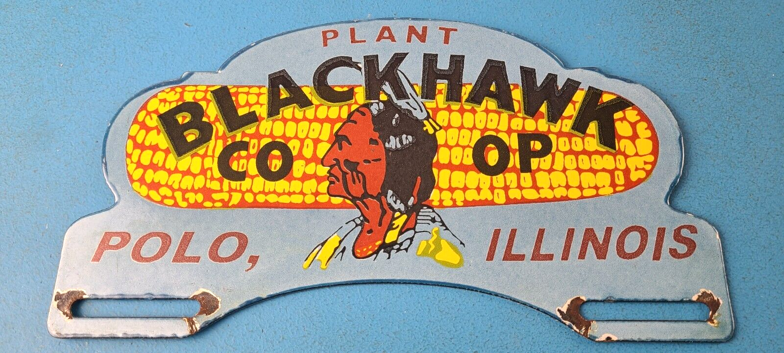 Vintage Blackhawk Sign Topper - Co Op IL Indian Porcelain License Plate Topper