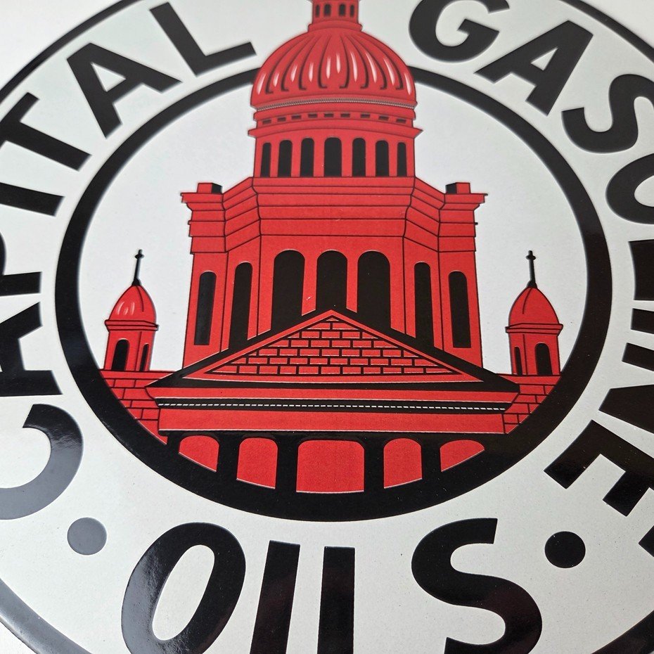 Vintage Capital Gasoline Sign - Gas Motor Oil Pump Plate Porcelain Sign - Image 4